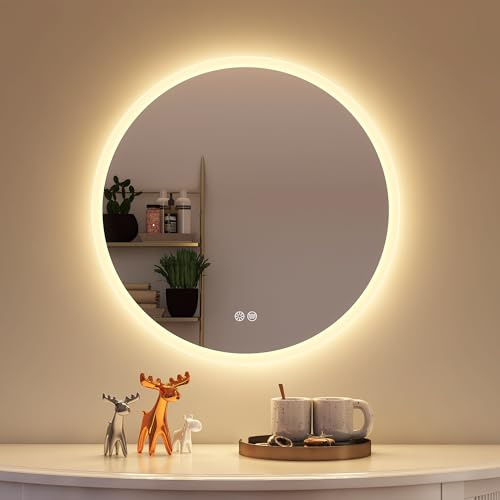 STARLEAD Rund LED-badrumsspegel med belysning 60 cm, rund badrumsspegel med dimbar, 3 färgtemperaturer, avfrostning, minnesfunktion, HD härdat glas, IP44 vattentät