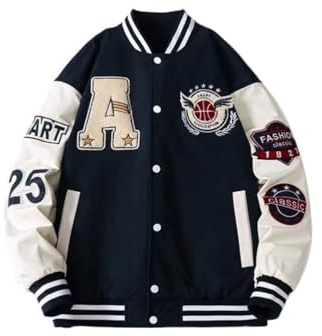 Oanviso Femmes Veste De Baseball Oversized Vintage Manteau Y2K 90S Imprimé College Jacket Veste Fille Casual Blouson Bomber Veste De Survêtement Pour Printemps B Marine M