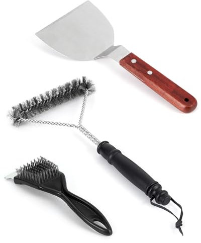 Kit de Limpieza para Barbacoa de 3 Piezas en Acero Inoxidable - Incluye Cepillo de Alambre y raspador, Ideal para Parrillas de Gas, carbón y Todo Tipo de barbacoas