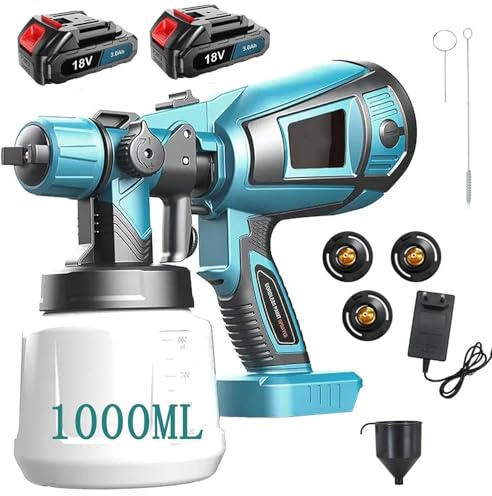 Akku Farbsprühsystem,kompatibel mit Makita 18V Akkus, HVLP Sprühpistole Zaun Farbe Sprühmaschine，mit 3 Düsen,3 Spritzmuster,1000ml Farbsprühgerät,zum Streichen von Gartenzaun Sprühgerät (2x3.0Ah Akku)