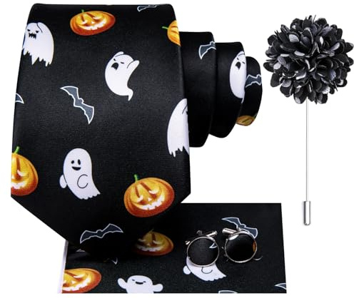 Hi-Tie Black Orange Men's Halloween Tie Set Silk Pumpkin Necktie and Pocket Square Cufflinks Lapel Pin Set Ties for Party