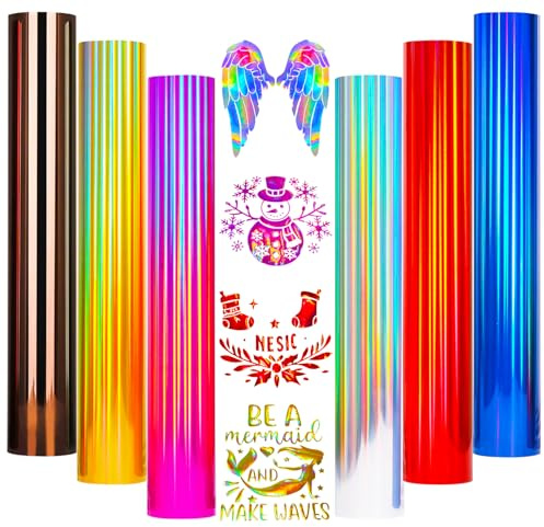 Holographic Plotter Film Textile Heat Transfer Vinyl 6 Colours Vinyl Film 30.5 cm x 25.4 cm Transfer Film Plotter Flex Film for Textiles Transfer Film for Iron-On DIY T-Shirt, Fabrics