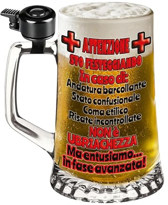 Bombo Boccale da Birra in Vetro con Campanello – Stampa Colorata “ATTENZIONE STO FESTEGGIANDO IN CASO DI…” con Situazioni Divertenti – Idea Regalo Spassosa per Amici e Feste