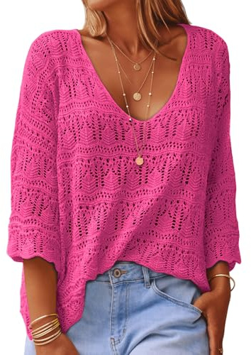 UNCLECAT Womens Spring Summer Crochet Hollow Out 3/4 Sleeve Pullover Sweater Boho Off Shoulder T-Shirts Pink