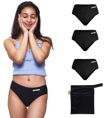 WUKA Teen Period Starter Kit - 4 Piece | Reusable teen period pants starter kit with 3 black heavy flow midi briefs and wet bag for school, travel and first periods
