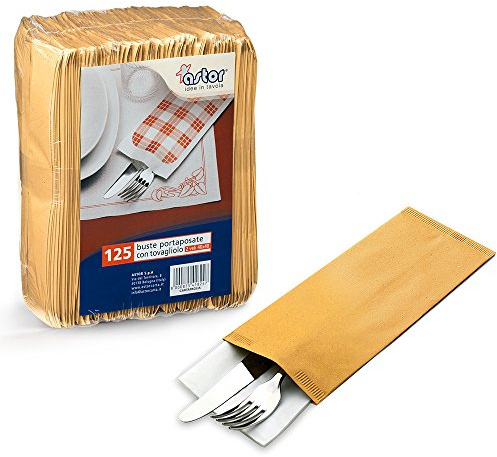PZ 125 BUSTA PORTAPOSATE SACCHETTO IN CARTA PAGLIA 10 X 25 + TOVAGLIOLO 40 X 40 BUSTA PORTA COLTELLO CUCCHIAIO PORTA POSATE PER APERITIVO APERICENA E HAPPY HOUR PER ALIMENTI (100)