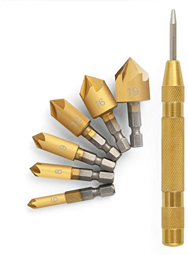 COMOWARE Countersink Drill Bit Set- 7 Pcs Counter Sinker Drill Bits for Wood, Quick Change, 1/4'' Hex Shank, High Speed Steel, 5 Flute 90 Degree Center Punch Tool, 1/4''-3/4''