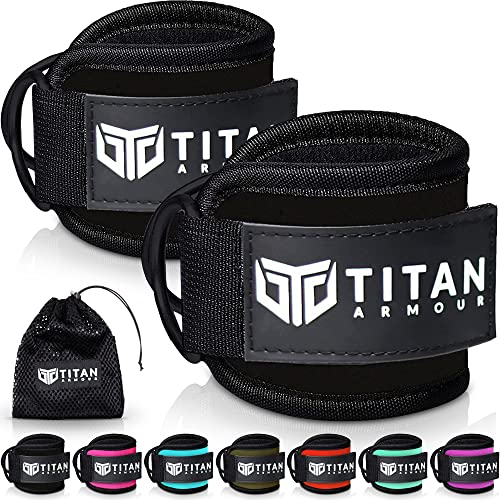 Titan Armour® Ankle Straps for Cable Machines | Gym Cuffs w/Heavy-Duty Steel Double D-Rings & Adjustable Strap | Lower Body Workouts Inc. Leg Extension, Leg Curl & Glute Kickback | Men & Women