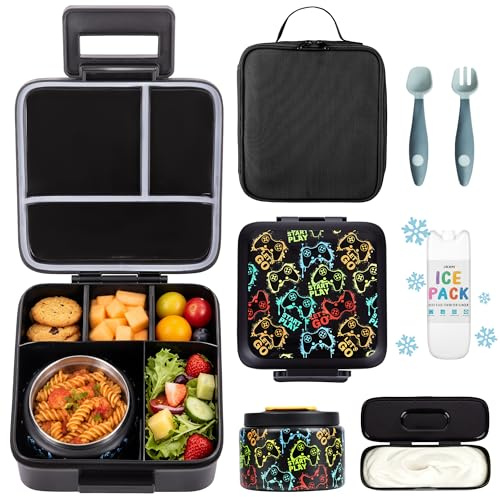 JXXM Bento Lunch Box for Kids With 8oz Soup thermo,Leak-proof Lunch Containers with 5 Compartment,thermo Food Jar and Lunch Bag, Food Containers for School (A-Black(Game Consoley))