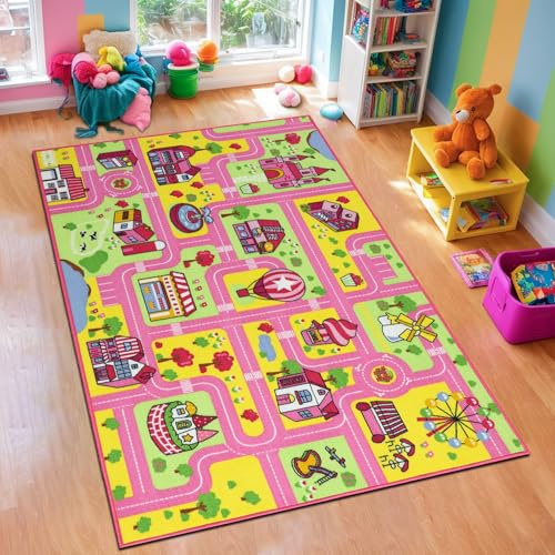 Capslpad Kid Rug for Playroom 100x160cm Pink Girls Play Rug Traffic Road Car Play Game Mat Educational Learning Area Rug Kids Carpet for Children Bedroom,Playroom,Nursery Room Decor