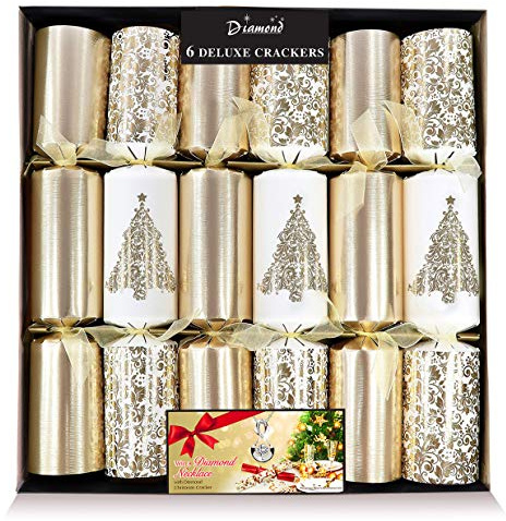 Deluxe Christmas Crackers Pack 6x12in Gold Damask with Deluxe contents + 12pcs Bingo Card OR Who Am I Card