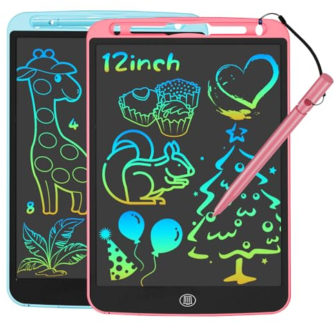 JOEAIS Tavoletta Grafica LCD Confezione Da 2, Tablet Disegno Da 12 Pollici Per Bambini Con Stilo Lanyard, Scarabocchio Giocattolo Didattico, Regali Perfetti Per Ragazzi E Ragazze (Rosa+Blu)