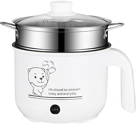 Baoblaze Elektrische Hot Pot und Dampfgarer, Mini Antihaft Multikocher, Tragbare Suppentopf, Schneller Ramen Kocher für Steak Nudeln Suppe Ei Hafer Ramen Pasta, mit Dampfgarer Weiß