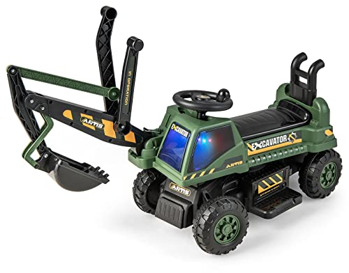 COSTWAY 6V Kinder Sitzbagger mit drehbarer & Verstellbarer Schaufel, Elektro Kinderbagger mit LED Lichtern & Musik & Hupe & Stauraum unter dem Sitz, Aufsitzbagger für Kinder ab 3 Jahren (Grün)