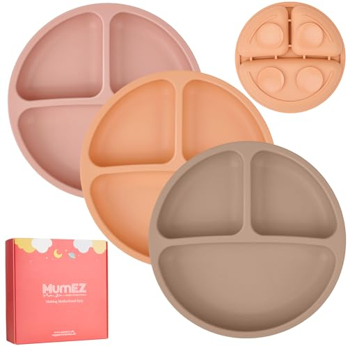 MumEZ Baby Plates with Suction - 3 Pack Silicone Baby Suction Plate for Toddler Kids Self Feeding - Weaning Plates for High Chair Tray - Unbreakable, Portable, Non Slip (Coffee+Nude+Pink)