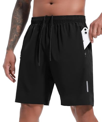 SIHOHAN Mens Gym Shorts Quick Dry Sports Shorts 7 Inch Running Athletic Lightweight Workout Short with Zipper Pockets (Black, L)