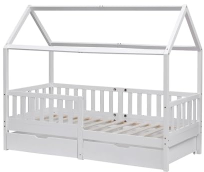 Homeke Single House bed with Underbed Drawer,Solid Wood Kids Bed,Treehouse Bed Base-Natural/White (white)