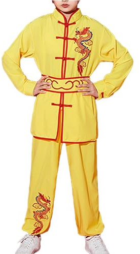Yeahdor Kinder Jungen Kung Fu Uniform Langarm Kung Fu Shirt mit Wushu Hose + Gürtel Chinesische Kampfsport Bekleidung Sets Gelb 134-140