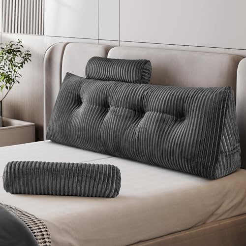 Z-hom Cojín para Libros, cuña, cojín de Lectura para Cama y sofá, cojín de Espalda, práctico Compartimento Lateral, Cubierta extraíble, con Almohada Redonda (Gris, 120 * 50 * 20cm)