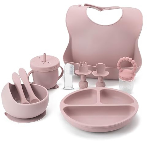 Indique Baby Weaning Set - 11 Pcs Silicone Baby Feeding Set with Suction Plate, Weaning Kit with Adjustable Bib, Fork, Spoon, Fruit Feeder & Toothbrush – Ideal Weaning Set Baby Gift (Light Pink)