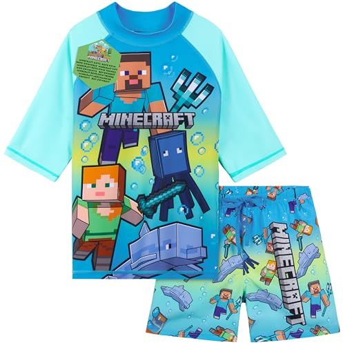 Get Trend Minecraft Swimsuit Set for Boys Teenagers 2 Pcs with Swimming Trunks Creeper Boys Rash Vest for Swimming Beach Trip Gamer Holiday Essentials (11-12 Years, Blue/Green Minecraft)