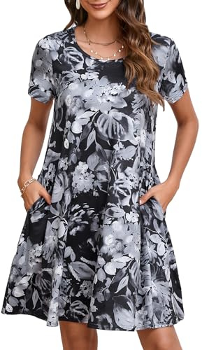 Enmain Women's T-Shirt Dress Short Sleeve Summer Tunic Dress with Pockets Casual Boho Knee Length Dresses for Women UK