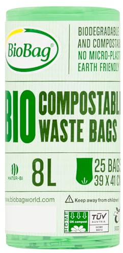 BioBag 8L Compostable Caddy Liners – 25 Bags per Roll – 100% Biodegradable Bin Bags – OK Compost HOME Certified – 390 x 410mm – Green