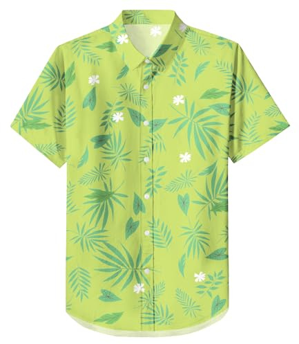 TMSD Men’s Halloween Button Down Tropical Short Sleeve Beach Hawaiian Shirt, H | Light Green, Medium