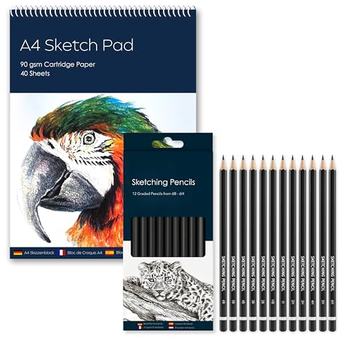 Drawing Sketching Pencil Set – A4 Sketch Pad (90 GSM, 40 Sheets) + 12 Sketching Graphite Pencils (6B–6H) – Complete Art Set for Shading, Blending & Detailed Sketching – Ideal for Artists & Students