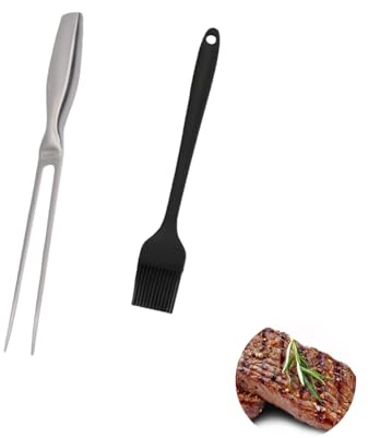 Ymswjgj grillgaffel i rostfritt stål grillgaffel handtag rostfritt stål köttgaffel förglasningsgaffel med ergonomisk professionell köttgaffel 27 cm – Inkluderar borste
