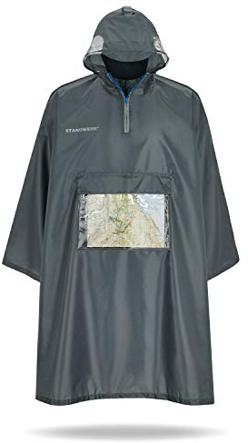 STANDWERK® Regenponcho grau/Unisex – der Lange Regenschutz mit Ärmel, Reißverschluss und Brusttasche