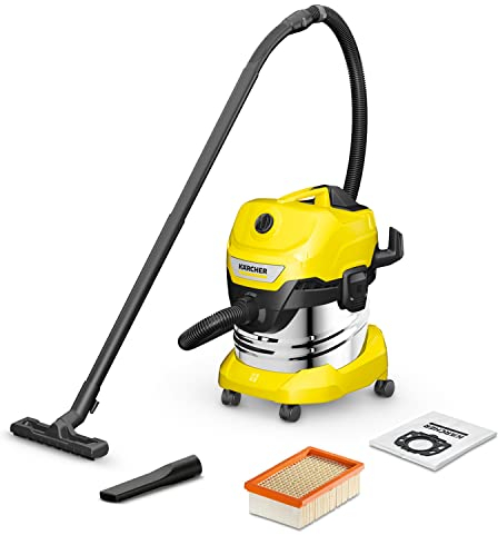 Kärcher, Aspirador en seco y húmedo WD 4 S V-20/5/22, Potencia 1000 W, Yellow/Black, Depósito de acero inoxidable 20 l, Manguera aspiración 2,2 m