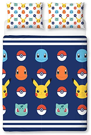 Pokémon Juego de Funda de edredón con Licencia Oficial, Juego de Cama Reversible de 2 Caras con Funda de Almohada a Juego, Juego de Cama Individual