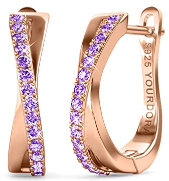 YOURDORA Creolen Silber Damen Klein Ohrringe 925 Silber Rhodiniert Kreolen 15mm mit Zirkonia aus Österreich (Roségold - Amethyst)