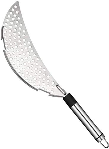 Colino in acciaio inox con manico, a forma di mezzaluna, universale, adatto per padelle e ciotole, confezione da 1