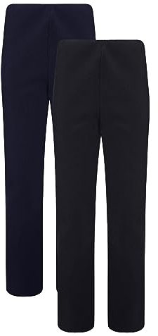 Pack of 2 Ribbed Work Trousers for Women UK, Navy Black Trousers Women Ladies Nurse Carer Comfy Pants Womens Trousers Elasticated Waist High Rise Bootleg Stretch Bottoms Sizes 8-161