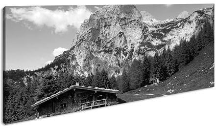 Cabaña abandonada en las montañas panorámica, 120 x 60 cm, efecto: negro/blanco como lienzo, diseño listo enmarcado en marco de madera auténtica, impresión digital de alta calidad con marco