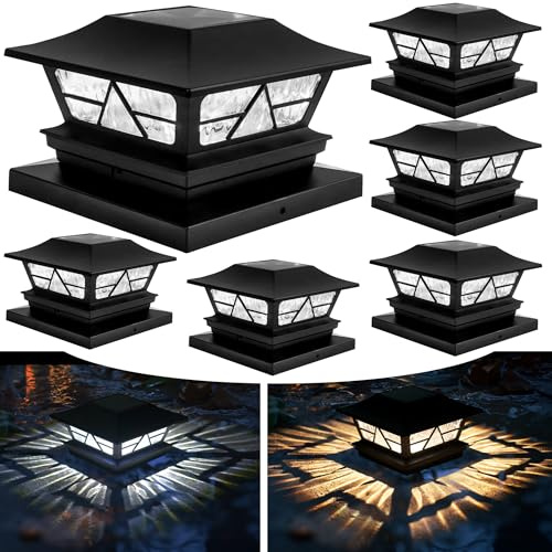 TW SHINE Solar Post Cap Lights 6 Pack, 2 Modes Fence Post Solar Powered Lights Outdoor Waterproof for 4x4 5x5 6x6 Wood Posts Warm White/Cool White for Yard, Garden, Porch, Deck, Patio Decor