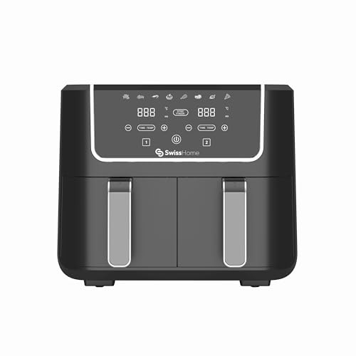 SWISS HOME DARK - Friteuse à air 2100W - 2 cuves 3L - 8 fonctions - écran tactile LED - revêtement antiadhésif - fonction déshydratation et réchauffage - nettoyage facile, Silver