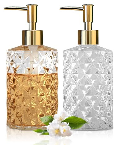 AstraLoom Glastvålpump set 2 x 330 ml – diamantmönsterdesign i transparent/guld – för badrum och kök, lotioner och eteriska oljor