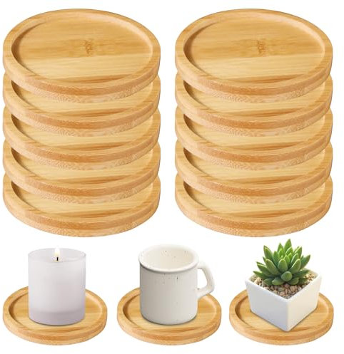 GOEDCH Piatti per Candela: 12 Pezzi Rotondi Piattini Decorativi in Bambù, Sottobicchieri in Legno per Battesimi, Vassoio Decorativo per Candele per Decorare o Come Articolo da Regalo (Diametro 9cm)