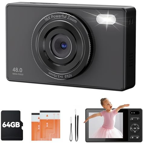 64GB Digitalkamera Kinder Fotokamera: 48MP Anti Shake Kinderkamera - Foto Vlogging Fotoapparat 16X Digital Zoom Appareil Foto Serienaufnahme Selbstauslöser Kompaktkamera