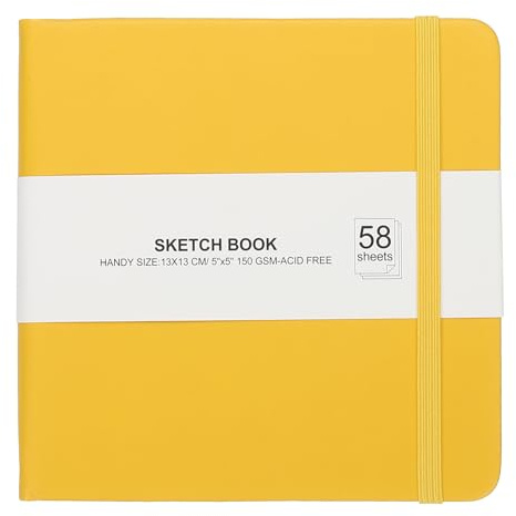 PATIKIL 12,7 x 12,7 cm inbunden läderficka skissbok, 58 ark 150 GSM/46 kg tom anteckningsbok resedagbok skissblock för att skriva ritning målning affärs nybörjarkonstnär, gul