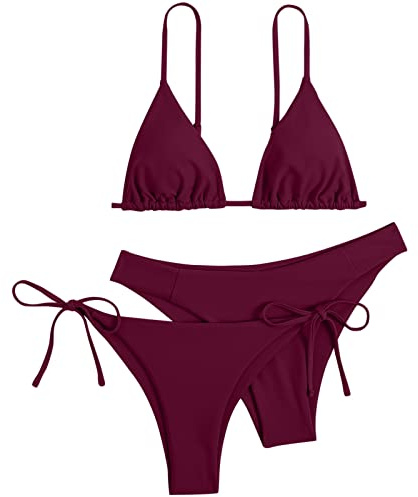 2025 - Conjunto de bikini de 3 piezas para mujer con vendaje bandeau brasileño push up traje de baño ropa de playa sexy bikinis hermosos baratos, Vino, S