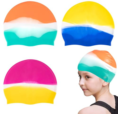 3 Pack Silicone Swimming Cap Kids Durable and Odour Free Swim Hat 3D Ergonomic Design Anti-Slip Waterproof Elastic Swim Cap for Long Hair Adults Girls Boys Teens Children Bathing Swimming