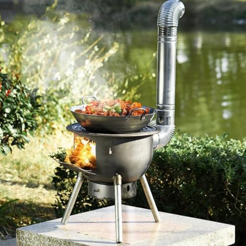 Wood Burning Stove, Portable Camping Wood Stove with Grill & Chimney Pipe Multifunctional Rocket Stoves for Outdoor Cooking Woods Burning Tent Stove for Backyard Patio