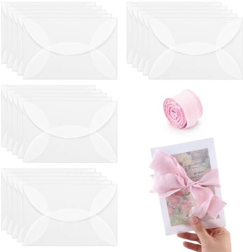LELE LIFE 20 Pack Pre-Folded Vellum Jackets for 5x7 Invitations, 135GSM Vellum Paper Wrap & 9.1m Pink Ribbon, Translucent Wedding Invitation Sleeves Envelope Liners