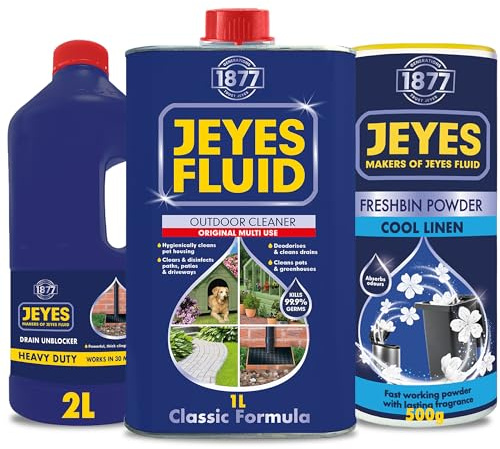 Jeyes Outdoor Hygiene Bundle – Drain Unblocker 2L, Jeyes Freshbin Powder 550g & Classic Outdoor Cleaner 1L – Complete Kit for Cleaning Outside, Odour Control & Hygiene