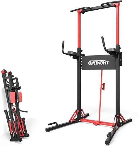 ONETWOFIT Barra per trazioni autoportante pieghevole,Power Tower Dip Station,regolabile in altezza 127-224cm,Risparmio di spazio multifunzionale Attrezzi da palestra(nero-1)