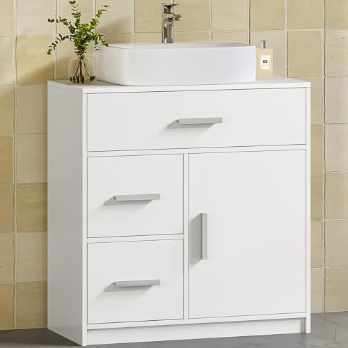 HEXCELEN Meuble sous Lavabo, Meuble de Salle de Bain Rangement avec 3 Tiroirs, 1 Étagères Réglables, Armoire Salle de Bain, pour Lavabo sans Rehausse, Moderne, 30 x 60 x 63 cm, Blanc